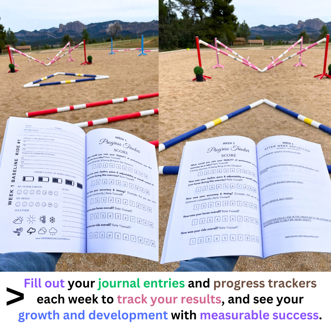 Equestrian journal showing weekly progress tracker and reflection prompts, track results and measure growth