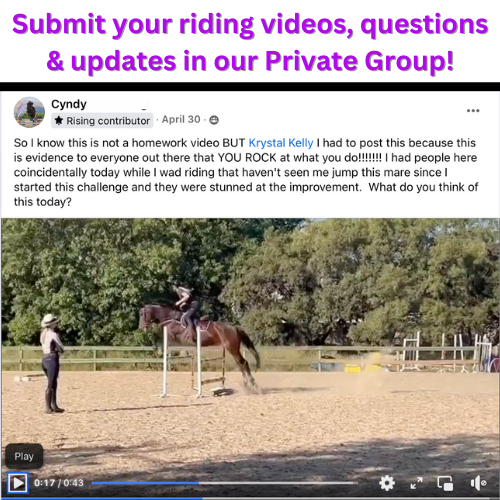 A Facebook post from a rider in a private group, sharing a riding video with an enthusiastic message acknowledging improvement in her jumping skills