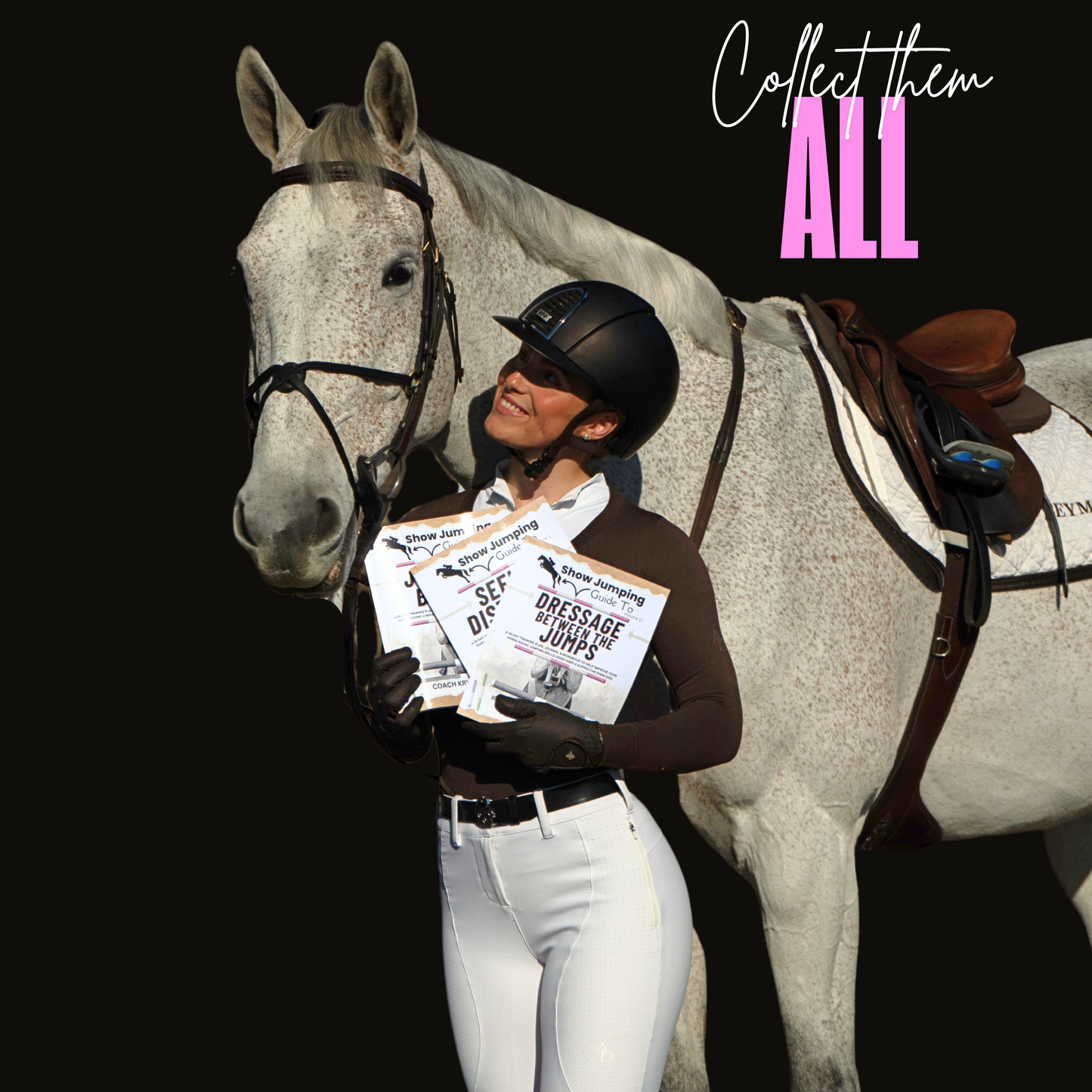 A smiling equestrian dressed in riding gear poses with a gray horse while holding a collection of show jumping training books