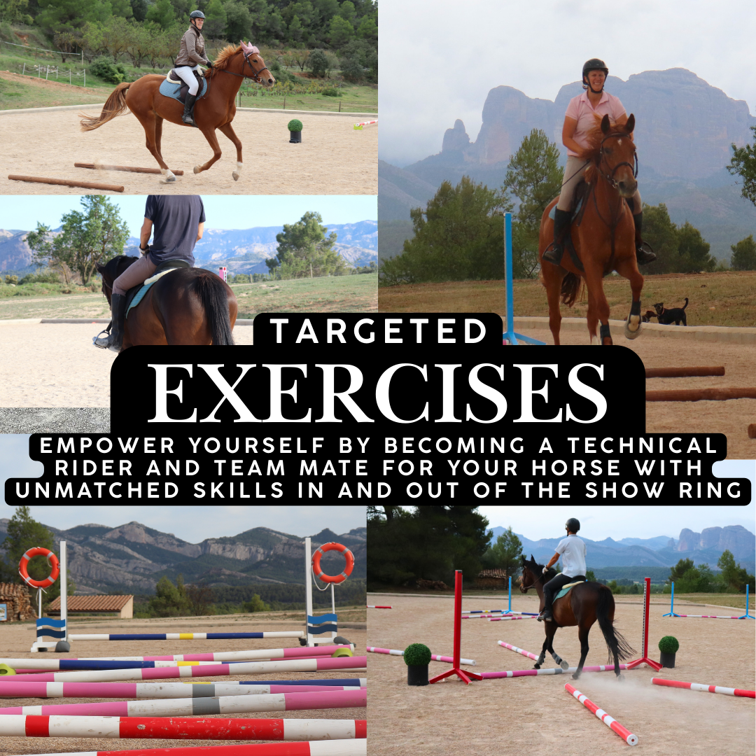 Training images showing riders practicing jumping and technical exercises in an outdoor arena